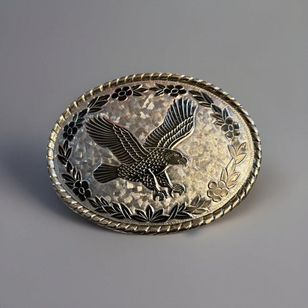 Vtg Silver Eagle & Flowers Oval Belt Buckle, Made In USA, NWOT Cowboy Cowgirl‎